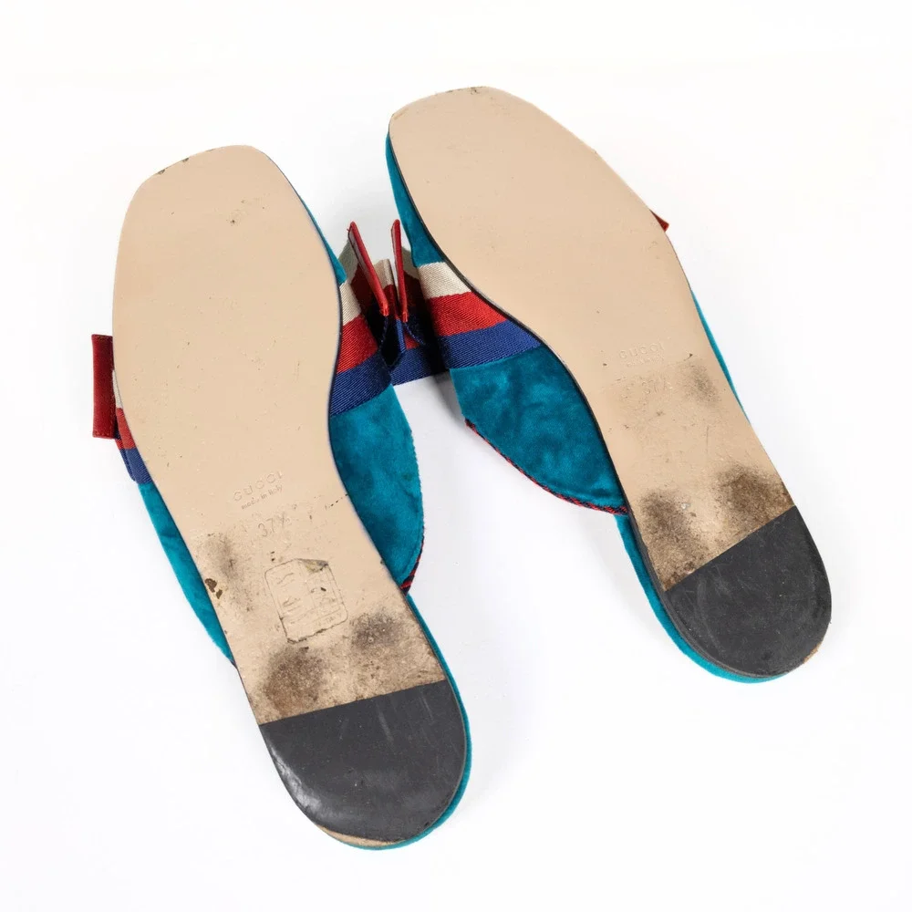 GUCCI Sylvie Bow Velvet Mule Flat Slippers in Pavone Red Blue Women's EU 37.5 - Picture 10 of 11